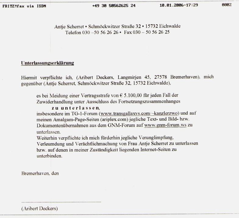 zweite Seite des FAX von Antje Scherret an 
Aribert Deckers