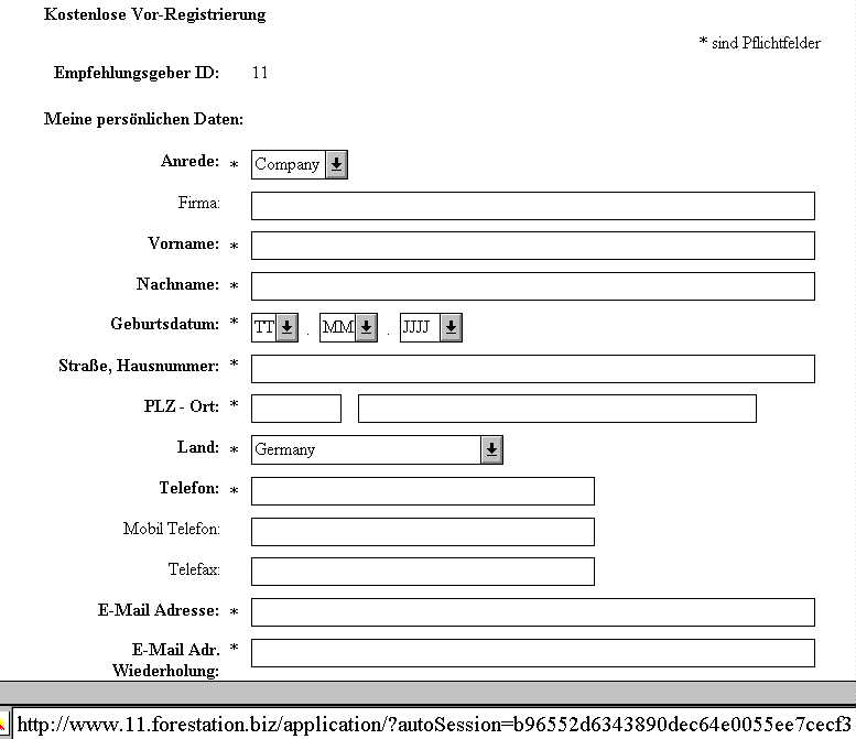 Anmeldeformular von forestation.biz